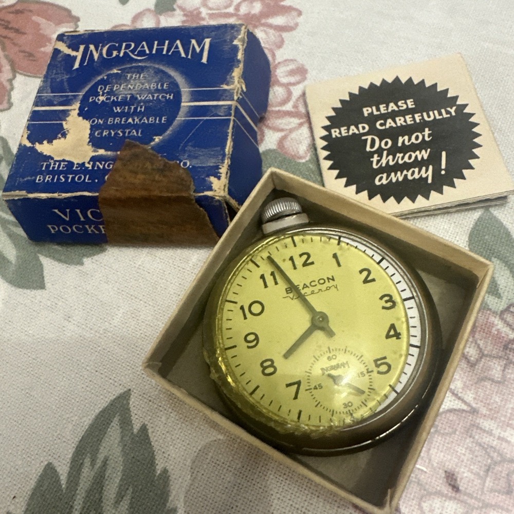 Vintage Beacon Viceroy Ingraham Pocket Watch Part Silver Tone Loose Glass Repair